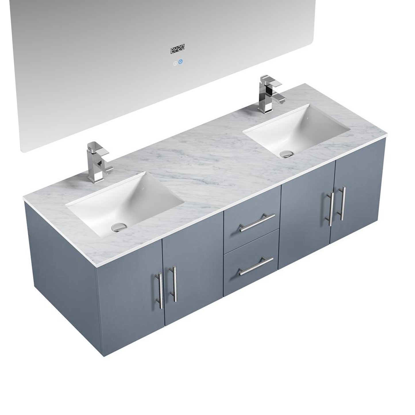 Geneva 60" Dark Grey Double Vanity, White Carrara Marble Top, White Square Sinks and 60" LED Mirror w/ Faucets