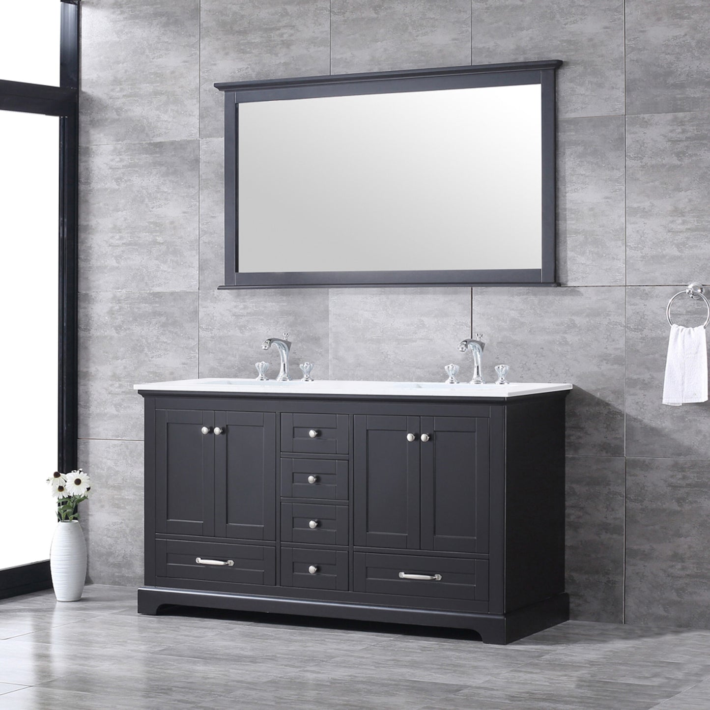 Dukes 60" Espresso Double Vanity, White Quartz Top, White Square Sinks and 58" Mirror