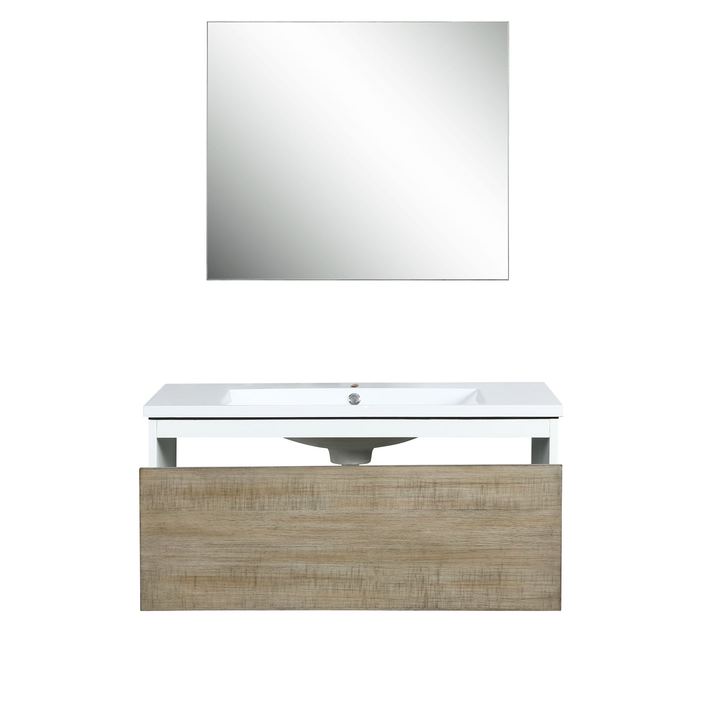 Scopi 36" Rustic Acacia Bathroom Vanity, Acrylic Composite Top with Integrated Sink, and 28" Frameless Mirror