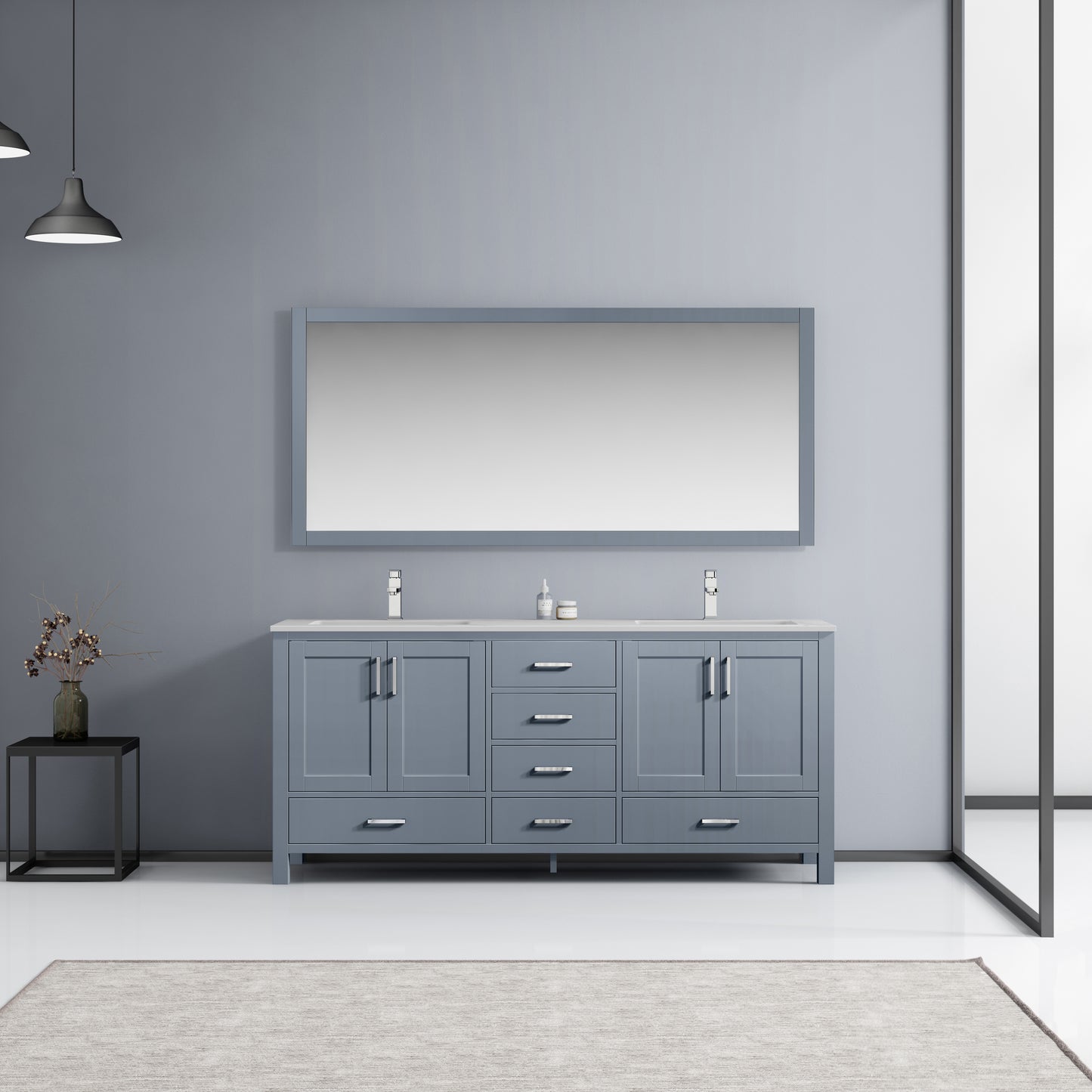 Jacques 72" Dark Grey Double Vanity, White Carrara Marble Top, White Square Sinks and 70" Mirror w/ Faucets