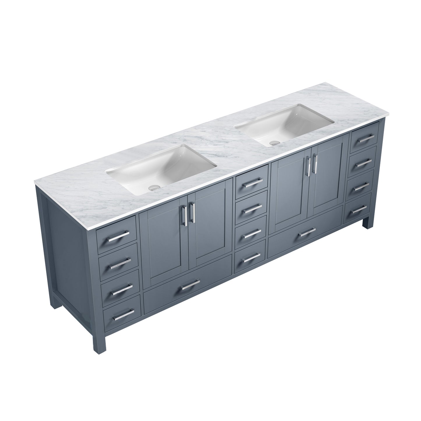 Jacques 84" Dark Grey Double Vanity, White Carrara Marble Top, White Square Sinks and no Mirror