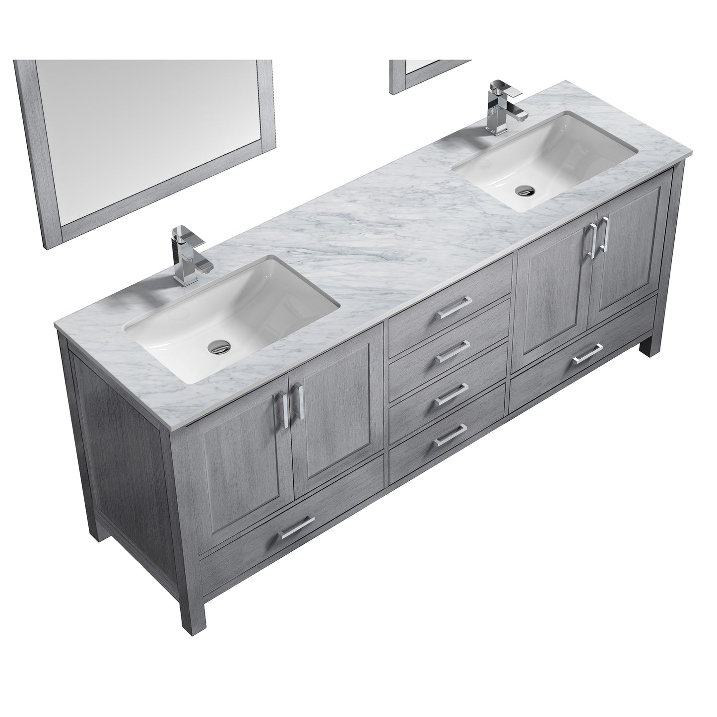 Jacques 80" Distressed Grey Double Vanity, White Carrara Marble Top, White Square Sinks and 30" Mirrors w/ Faucets