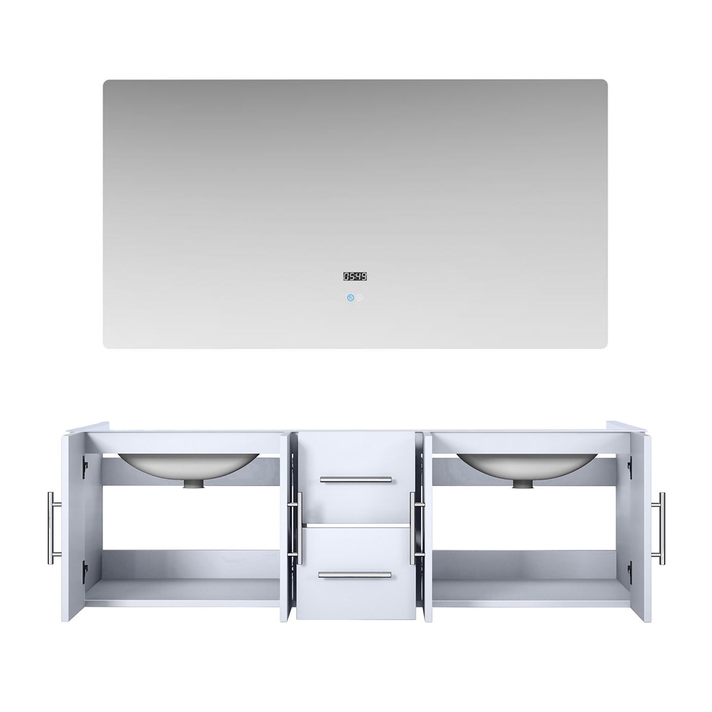 Geneva 60" Glossy White Double Vanity, no Top and 60" LED Mirror