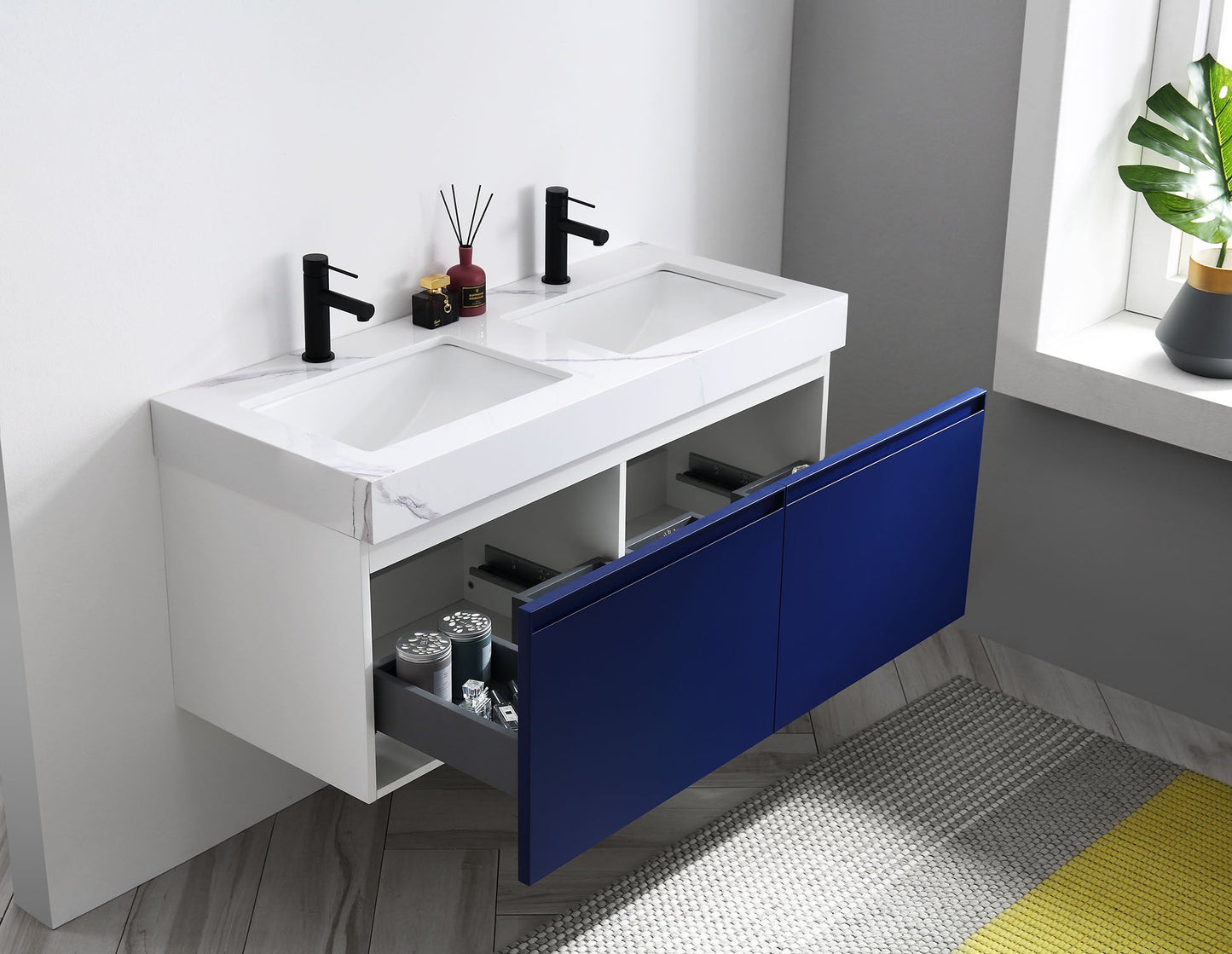 MANAROLA 48” NAVY BLUE WITH THICK QUARTZ WALL MOUNT MODERN BATHROOM VANITY