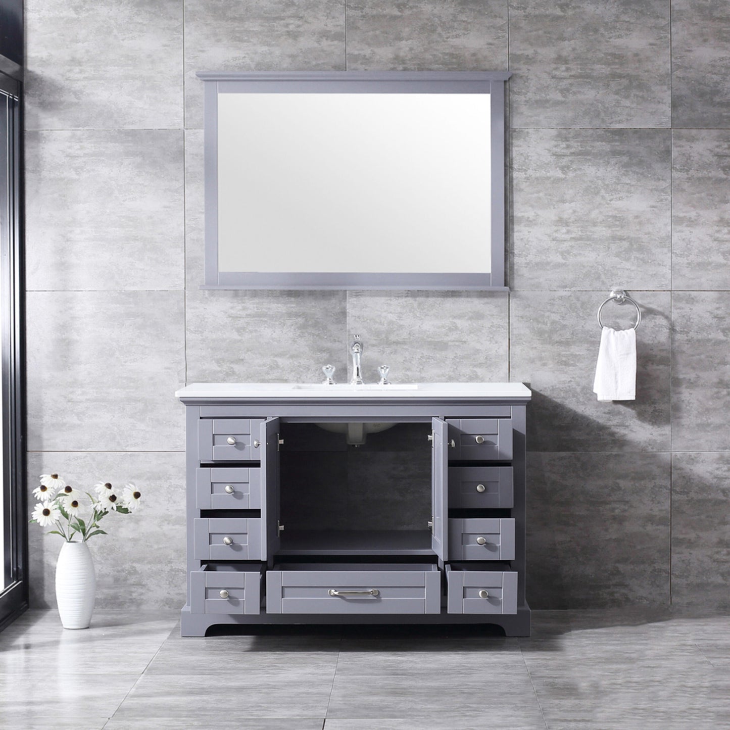 Dukes 48" Dark Grey Single Vanity, White Quartz Top, White Square Sink and 46" Mirror