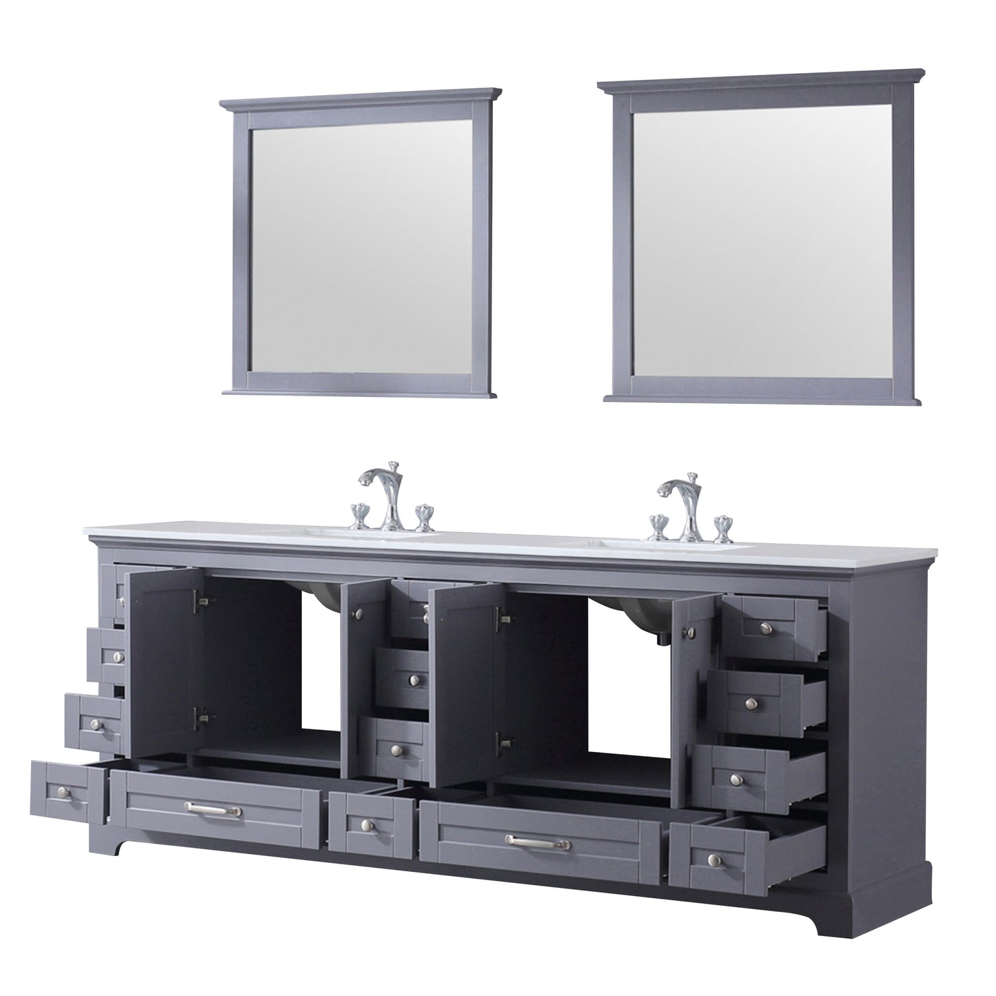 Dukes 84" Dark Grey Double Vanity, White Quartz Top, White Square Sinks and 34" Mirrors w/ Faucets