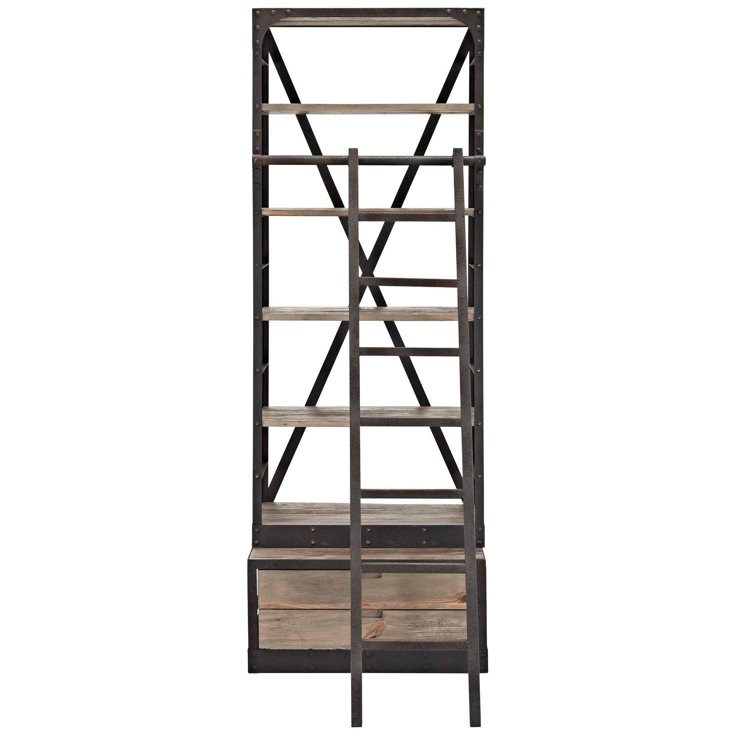 Modway Velocity Industrial Modern Wood and Cast Iron Bookshelf in Brown
