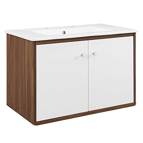 Modway Transmit 30" Wall-Mount Bathroom Vanity, Walnut White