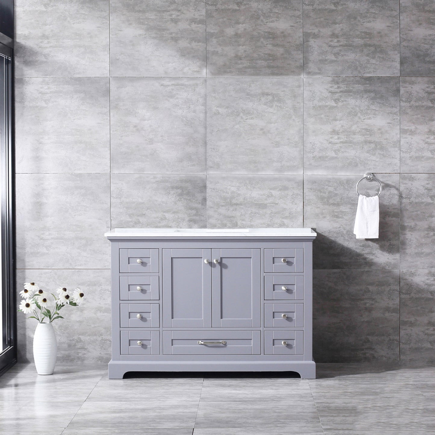 Dukes 48" Dark Grey Single Vanity, White Carrara Marble Top, White Square Sink and no Mirror