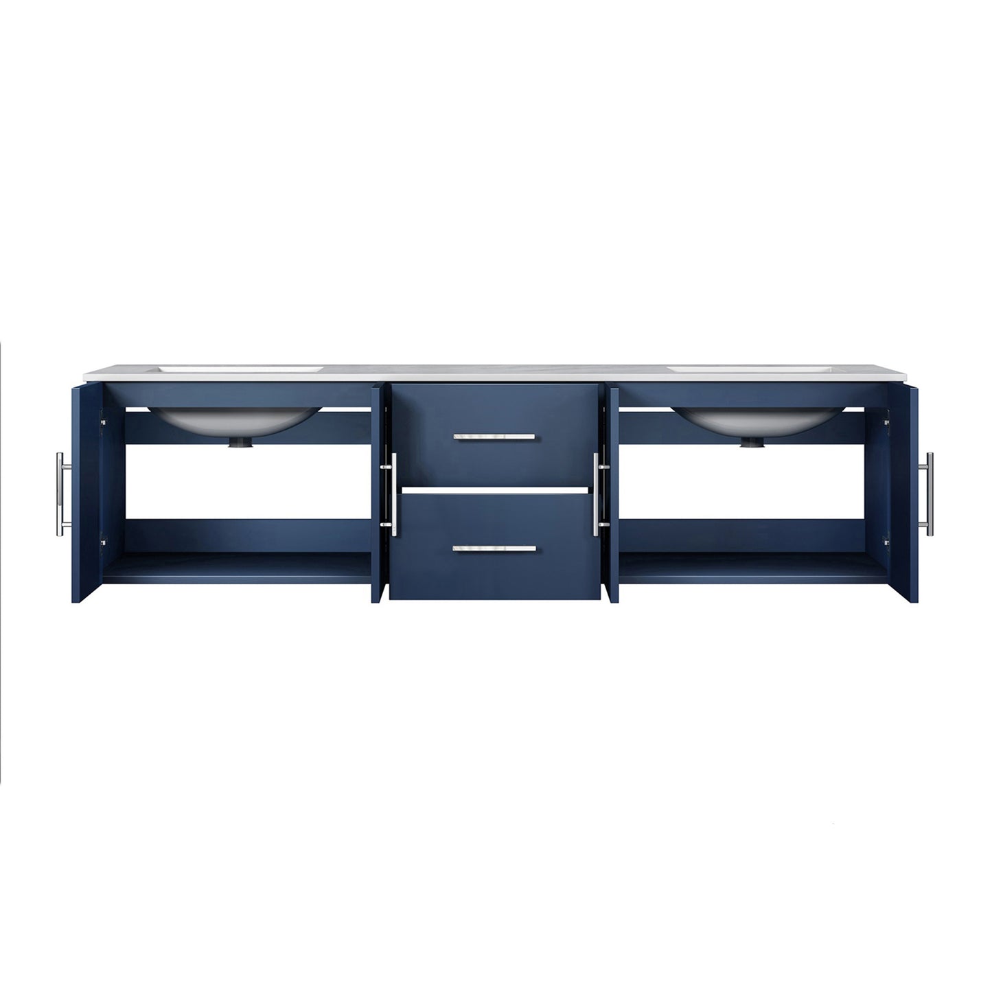 Geneva 72" Navy Blue Double Vanity, White Carrara Marble Top, White Square Sinks and no Mirror