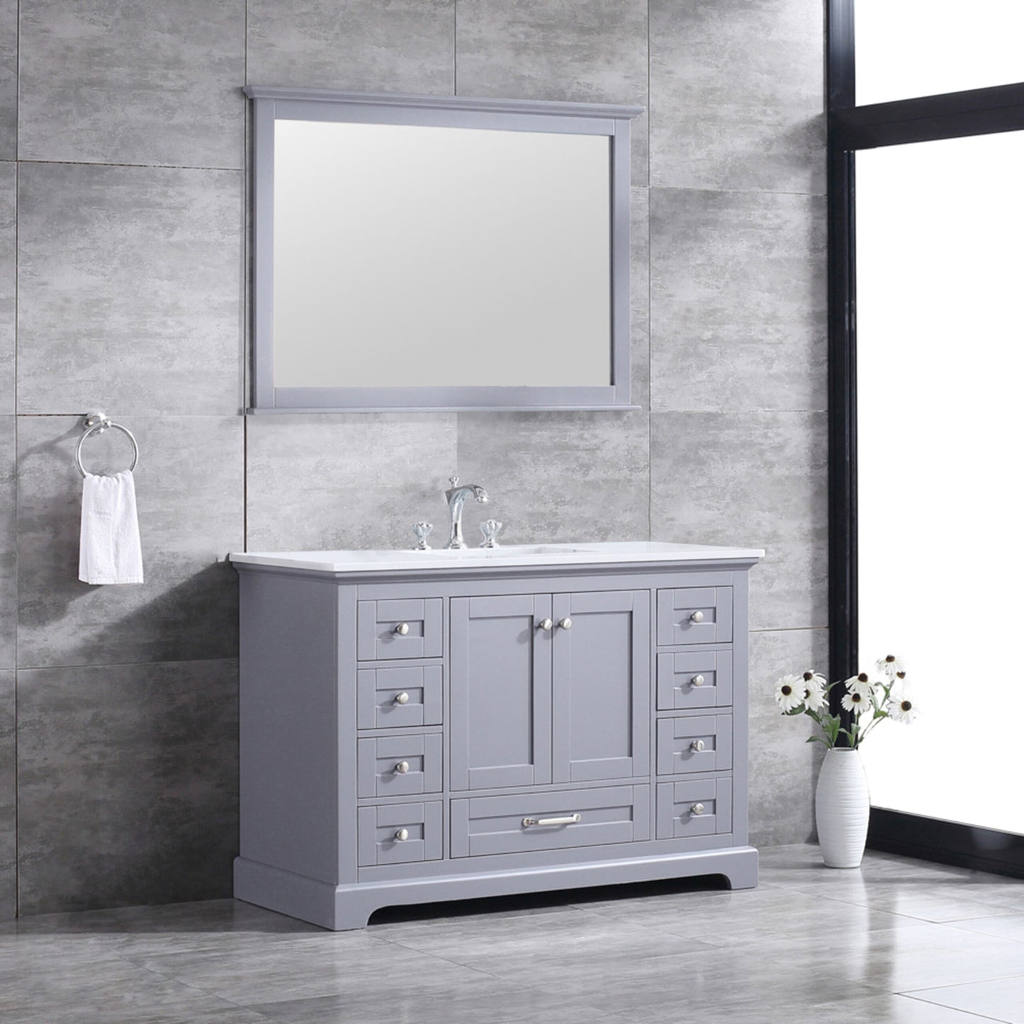 Dukes 48" Dark Grey Single Vanity, White Quartz Top, White Square Sink and 46" Mirror