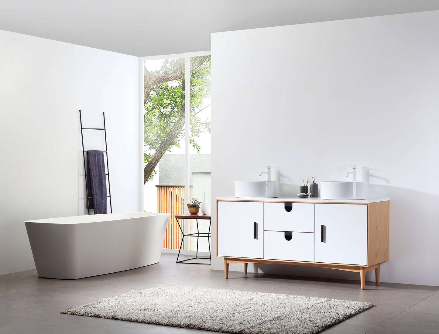 PORTREE 60” MATTE WHITE MID-CENTURY FREESTANDING BATHROOM VANITY