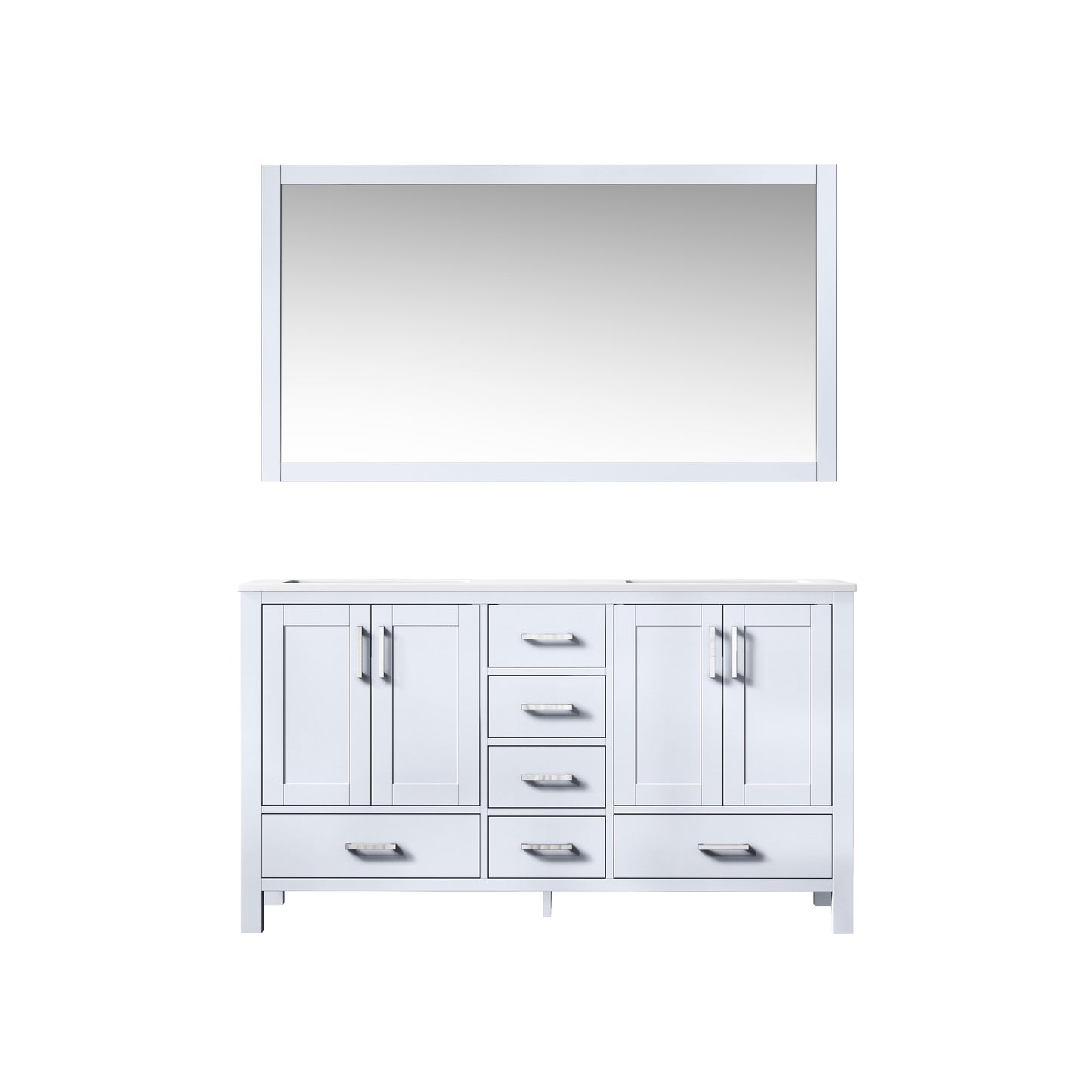 Jacques 60" White Double Vanity, White Quartz Top, White Square Sinks and 58" Mirror