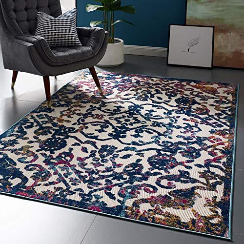 Modway Reflect Distressed Vintage Ornate Floral Lattice Indoor and Outdoor Area Rug ft x 8 Primrose/Ivory Blue Multicolored