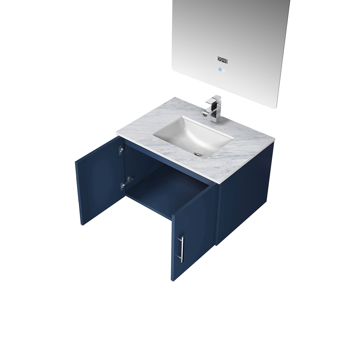 Geneva 30" Navy Blue Single Vanity, White Carrara Marble Top, White Square Sink and 30" LED Mirror w/ Faucet