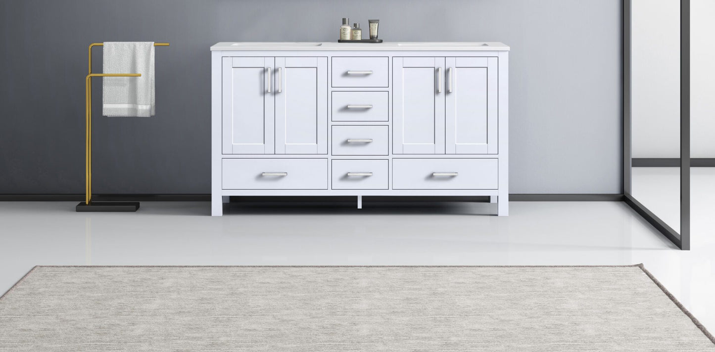 Jacques 60" White Double Vanity, White Quartz Top, White Square Sinks and no Mirror