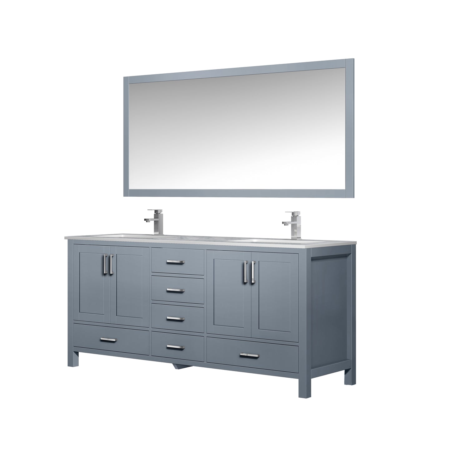 Jacques 72" Dark Grey Double Vanity, White Carrara Marble Top, White Square Sinks and 70" Mirror w/ Faucets