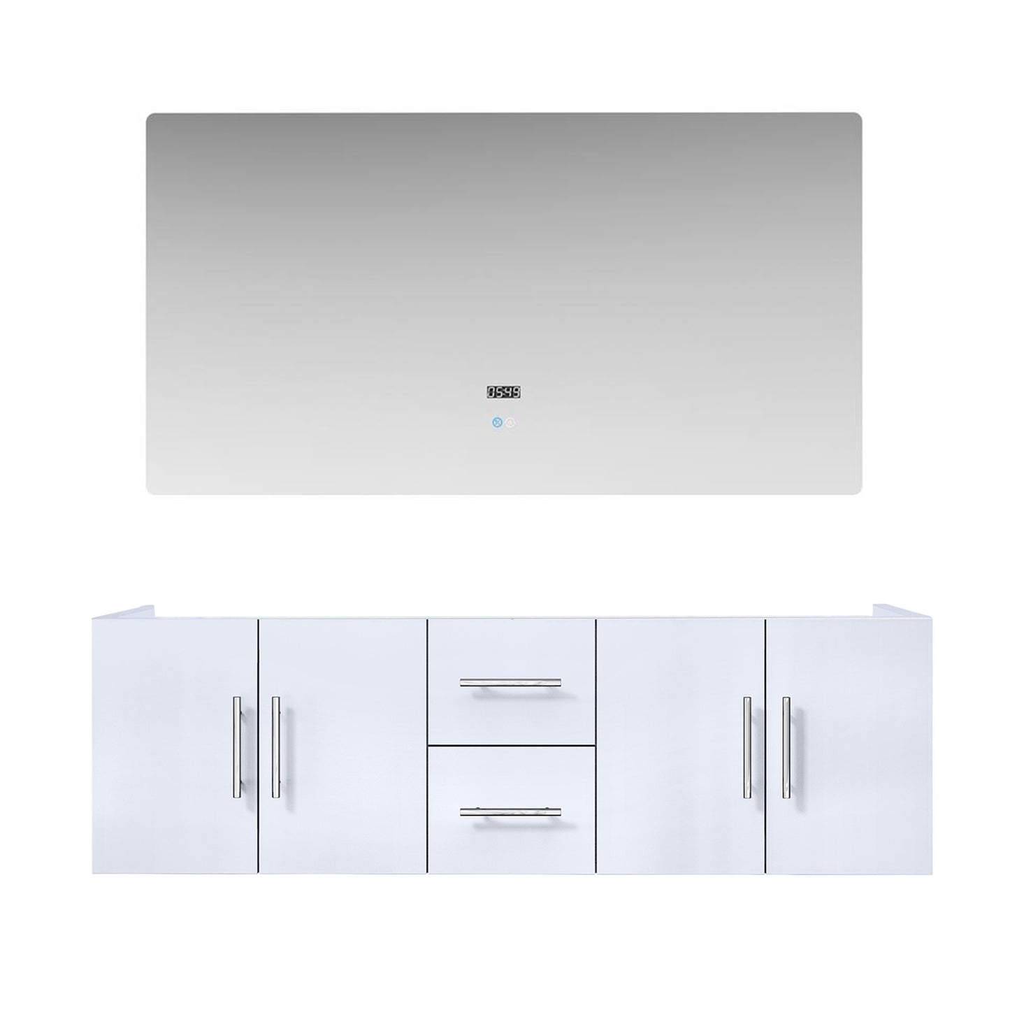 Geneva 60" Glossy White Double Vanity, no Top and 60" LED Mirror