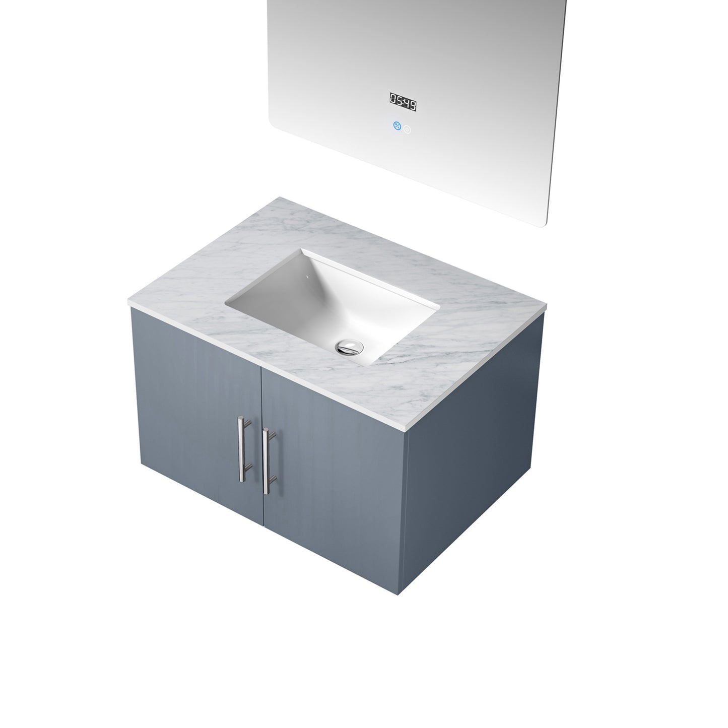 Geneva 30" Dark Grey Single Vanity, White Carrara Marble Top, White Square Sink and 30" LED Mirror