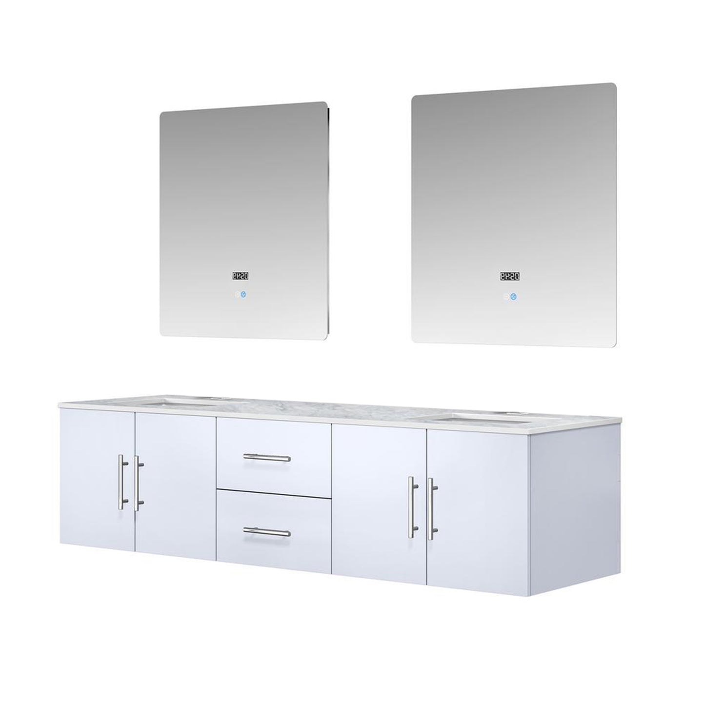 Geneva 72" Glossy White Double Vanity, White Carrara Marble Top, White Square Sinks and 30" LED Mirrors