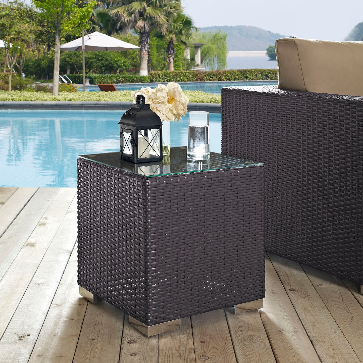 Modway Convene Wicker Rattan Outdoor Patio Side Table in Espresso