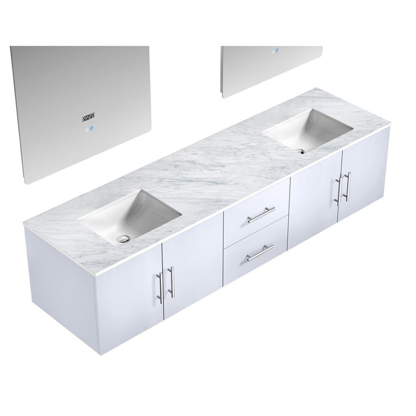 Geneva 80" Glossy White Double Vanity, White Carrara Marble Top, White Square Sinks and 30" LED Mirrors