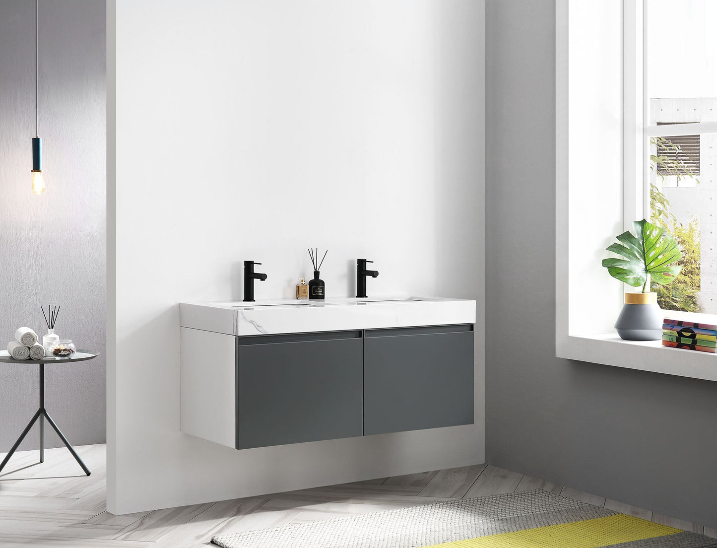 MANAROLA 48” DARK GRAY WITH THICK QUARTZ WALL MOUNT MODERN BATHROOM VANITY