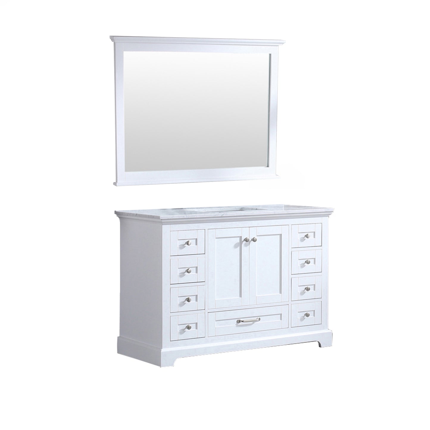 Dukes 48" White Single Vanity, White Carrara Marble Top, White Square Sink and 46" Mirror