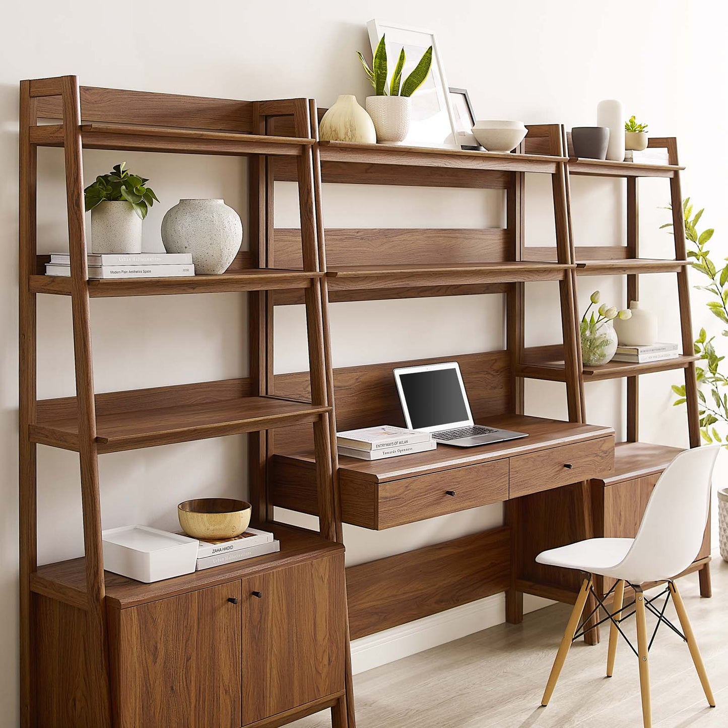 Modway 3-Piece Home Office Desk and Bookshelf Display Case in Walnut