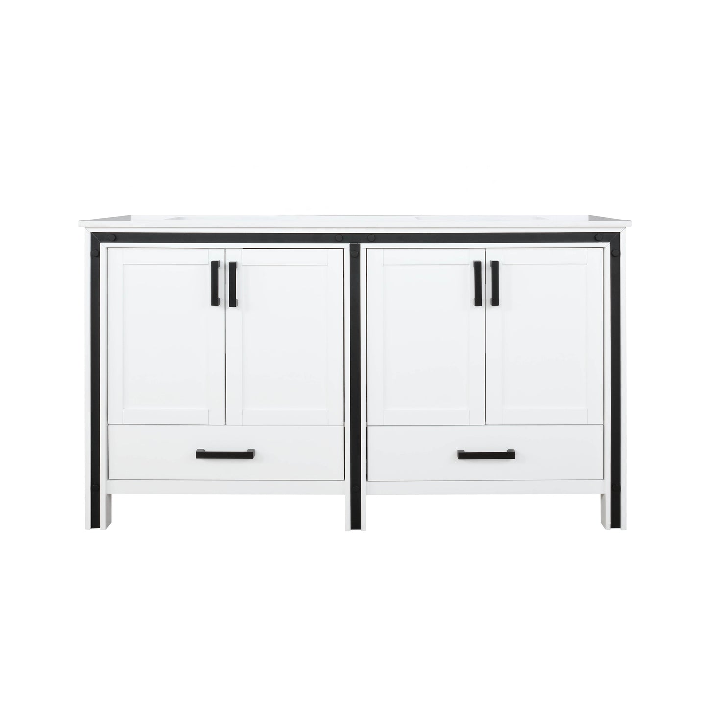 Ziva 60" White Double Vanity, Cultured Marble Top, White Square Sink and no Mirror