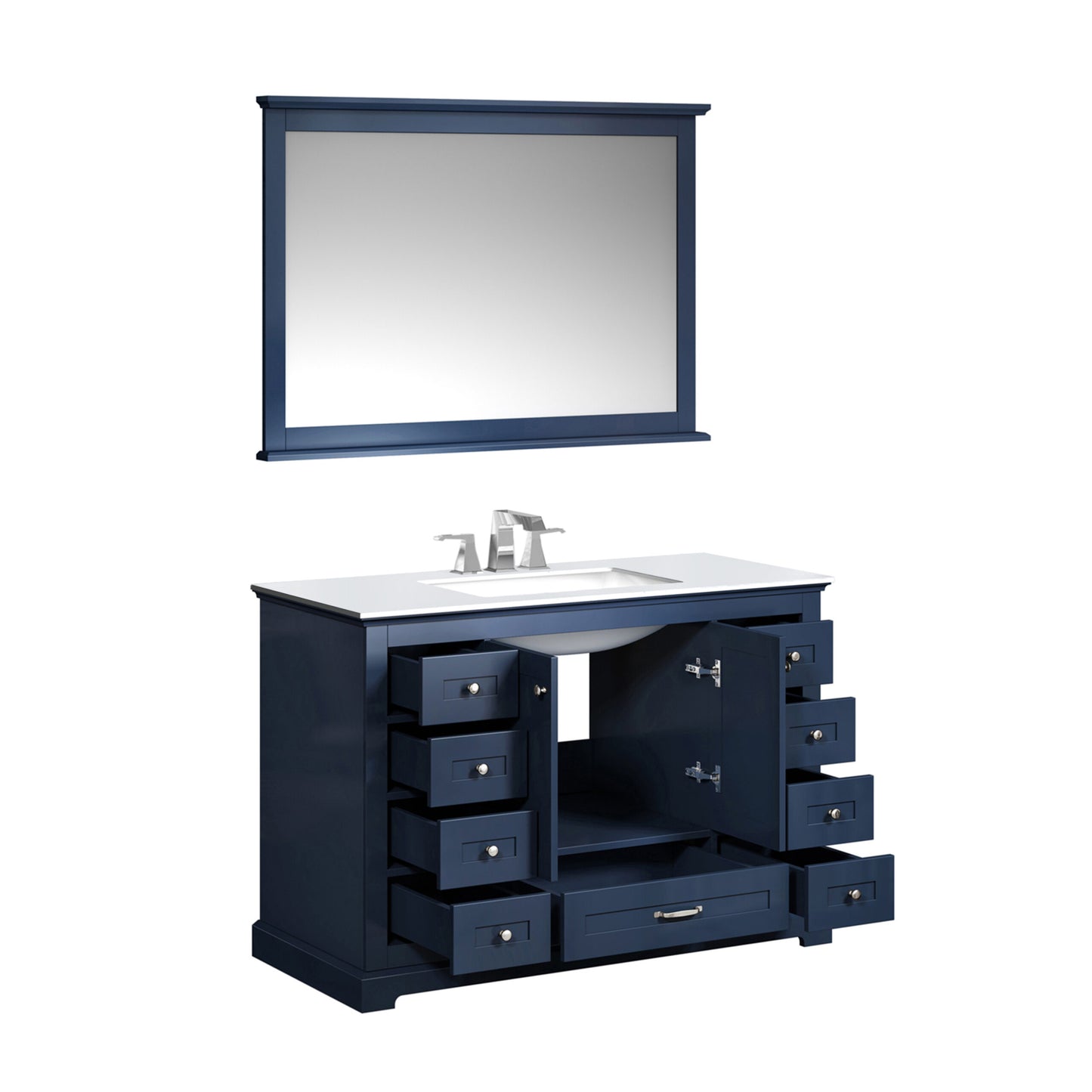 Dukes 48" Navy Blue Single Vanity, White Quartz Top, White Square Sink and 46" Mirror