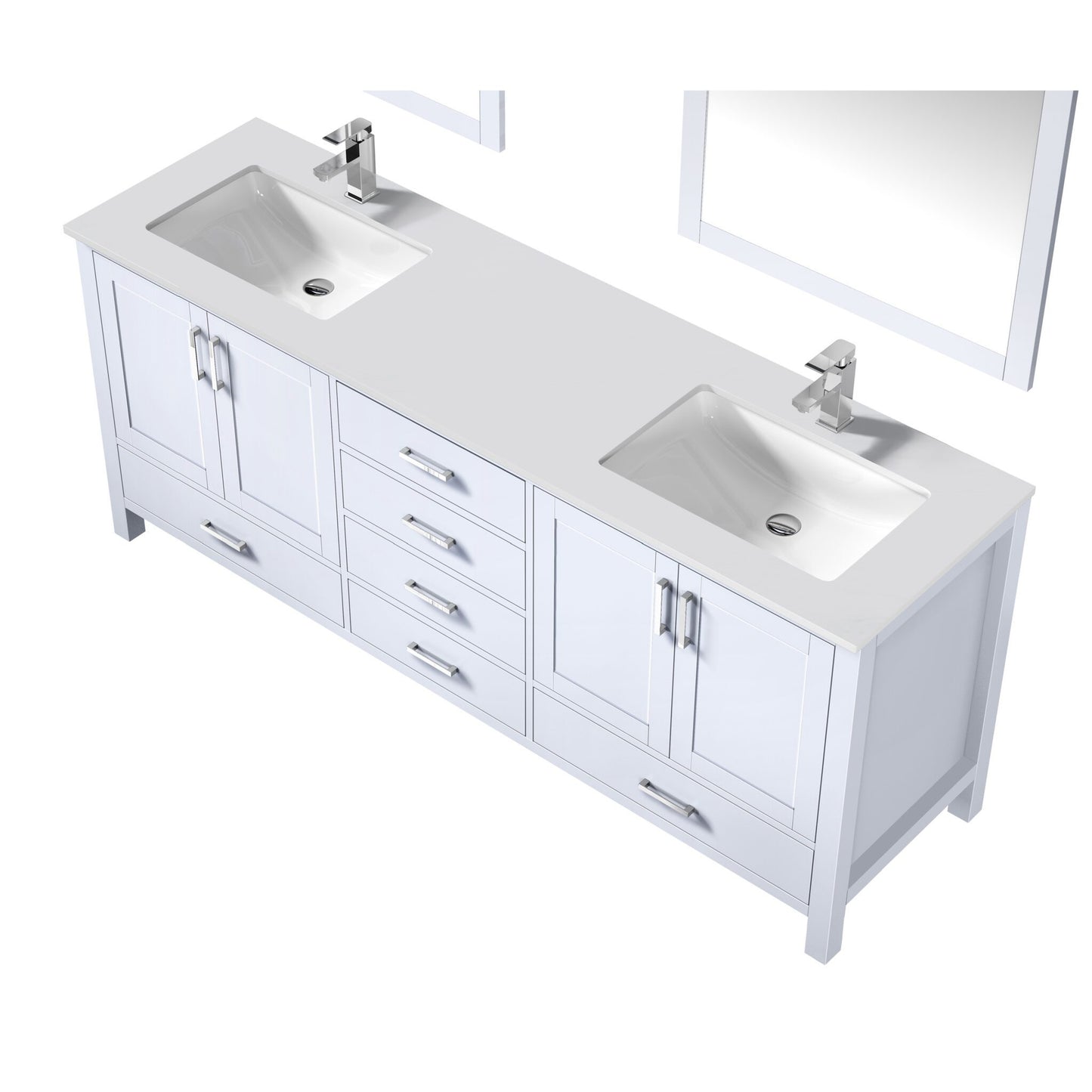 Jacques 80" White Double Vanity, White Quartz Top, White Square Sinks and 30" Mirrors