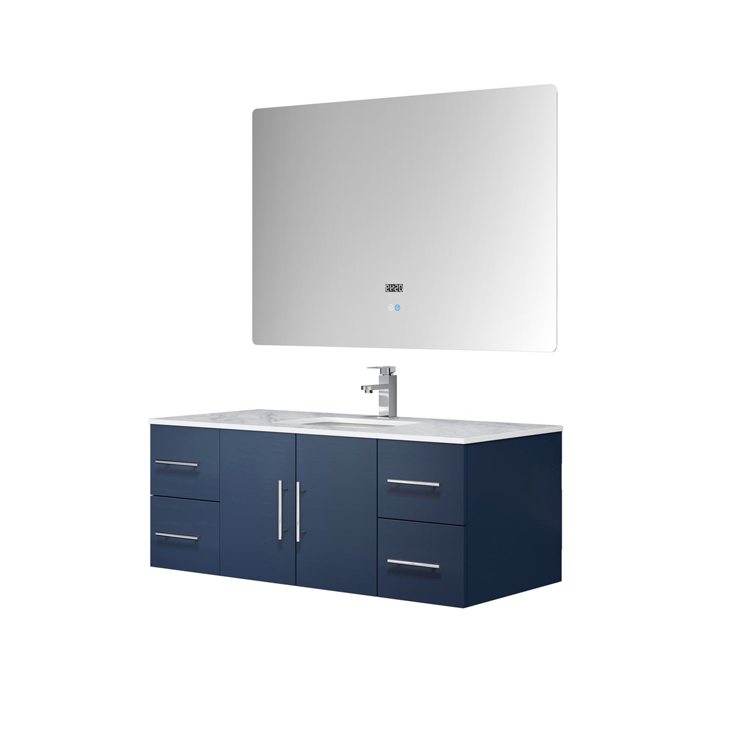 Geneva 48" Navy Blue Single Vanity, White Carrara Marble Top, White Square Sink and 48" LED Mirror w/ Faucet