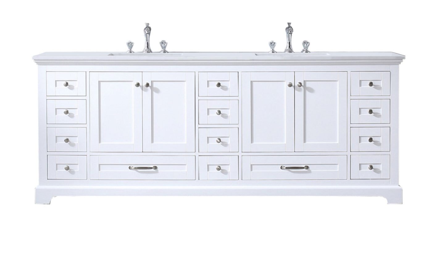 Dukes 84" White Double Vanity, White Quartz Top, White Square Sinks and no Mirror