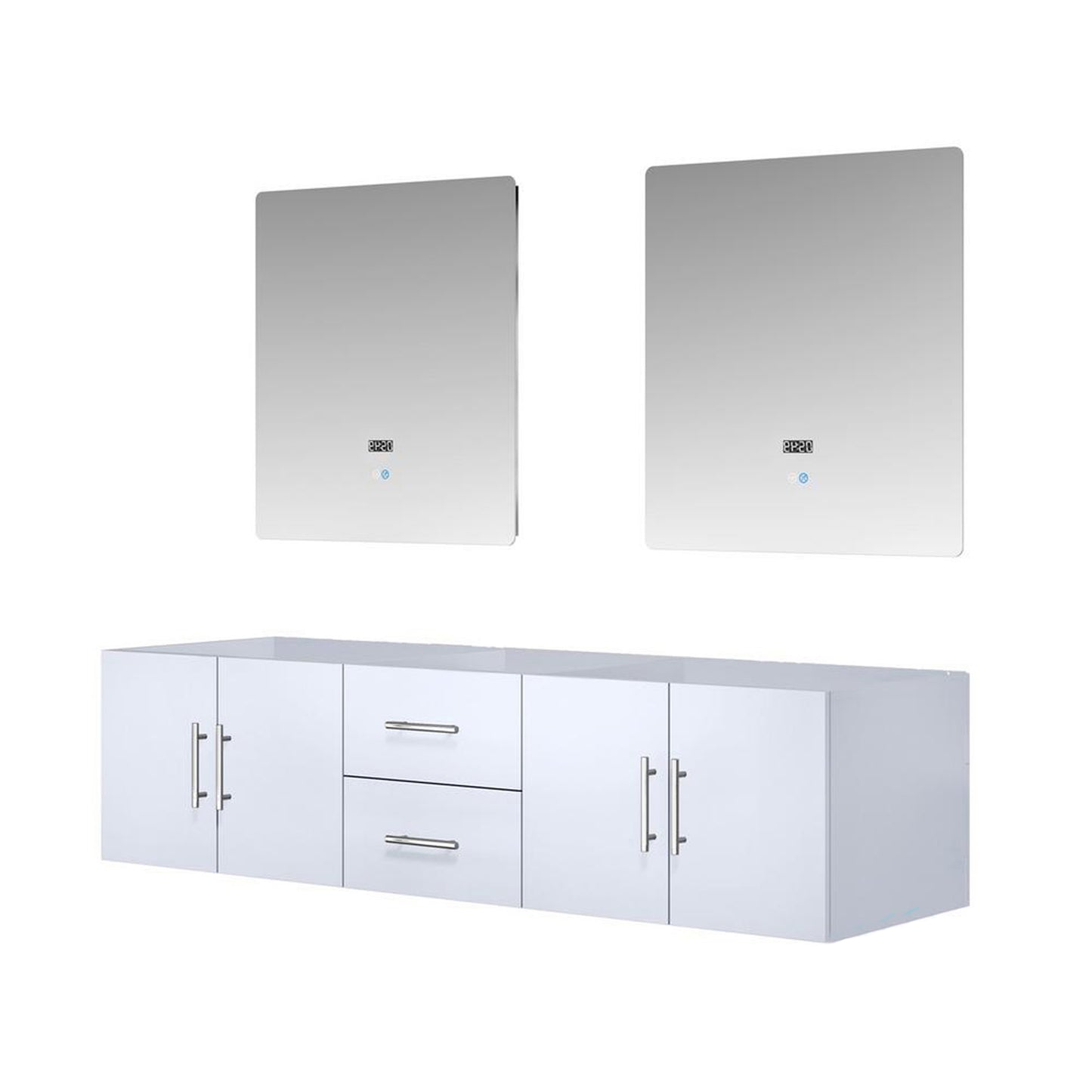 Geneva 72" Glossy White Double Vanity, no Top and 30" LED Mirrors