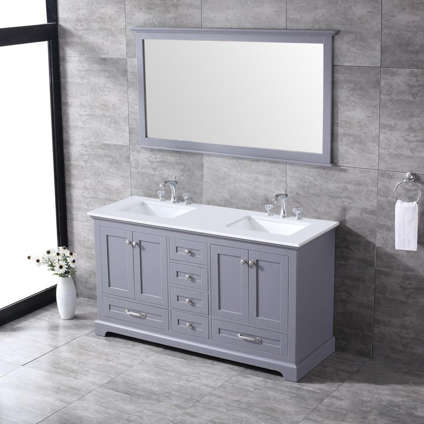 Dukes 60" Dark Grey Double Vanity, White Quartz Top, White Square Sinks and 58" Mirror