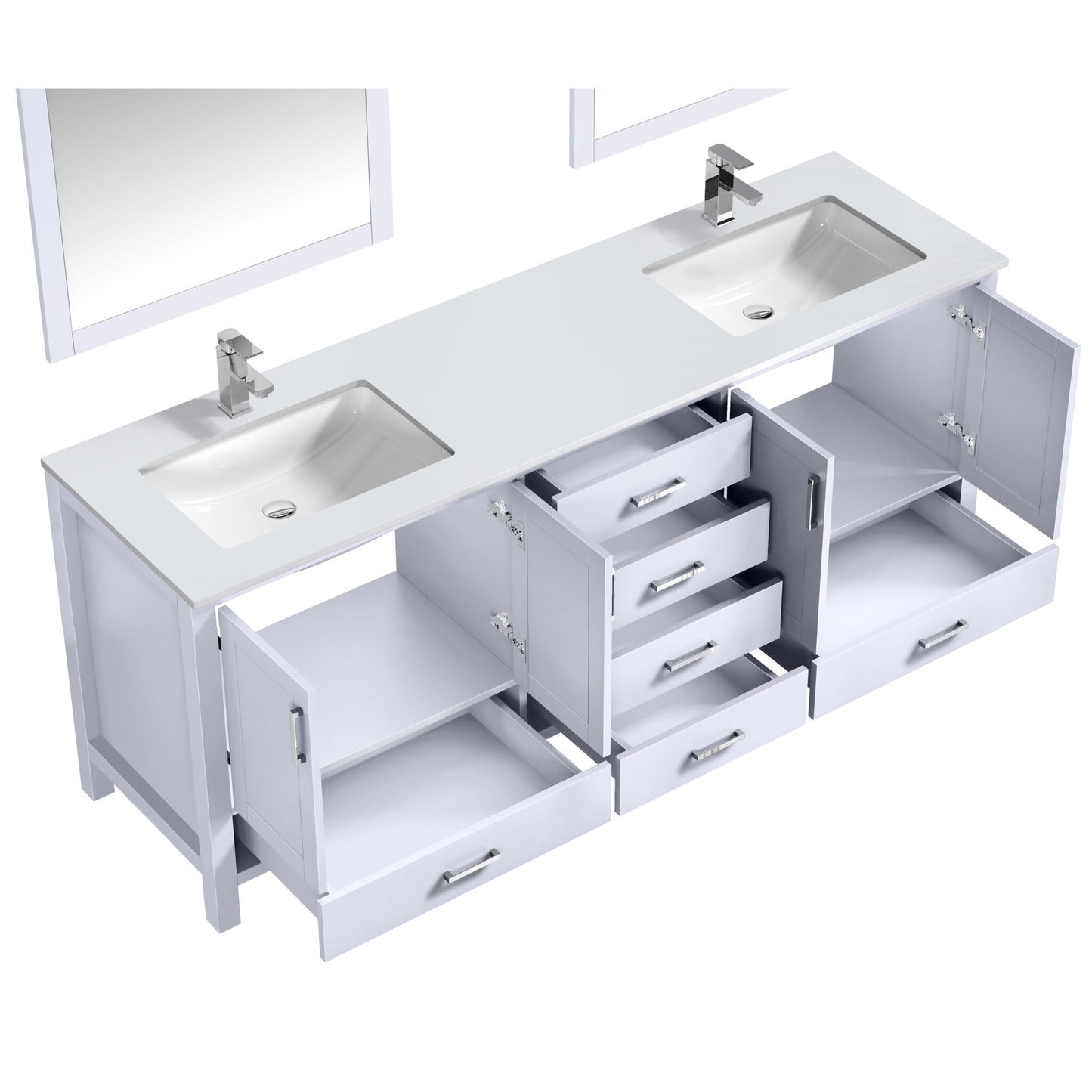 Jacques 80" White Double Vanity, White Quartz Top, White Square Sinks and 30" Mirrors