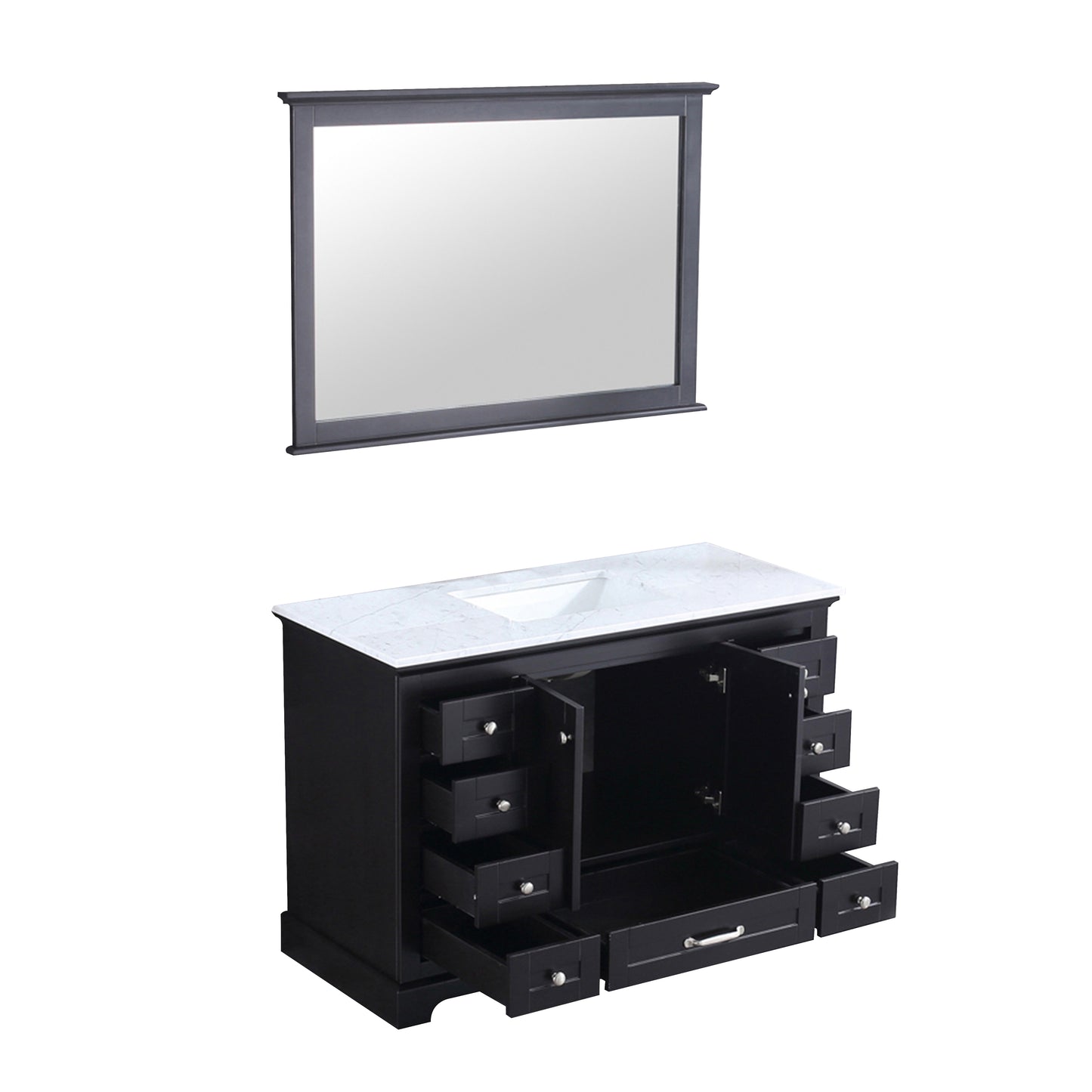 Dukes 48" Espresso Single Vanity, White Carrara Marble Top, White Square Sink and 46" Mirror