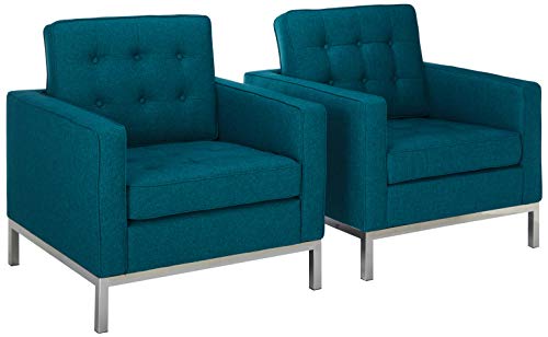 Modway Loft Upholstered Fabric Mid-Century Modern Accent Arm Lounge Chairs in Teal - Set of 2