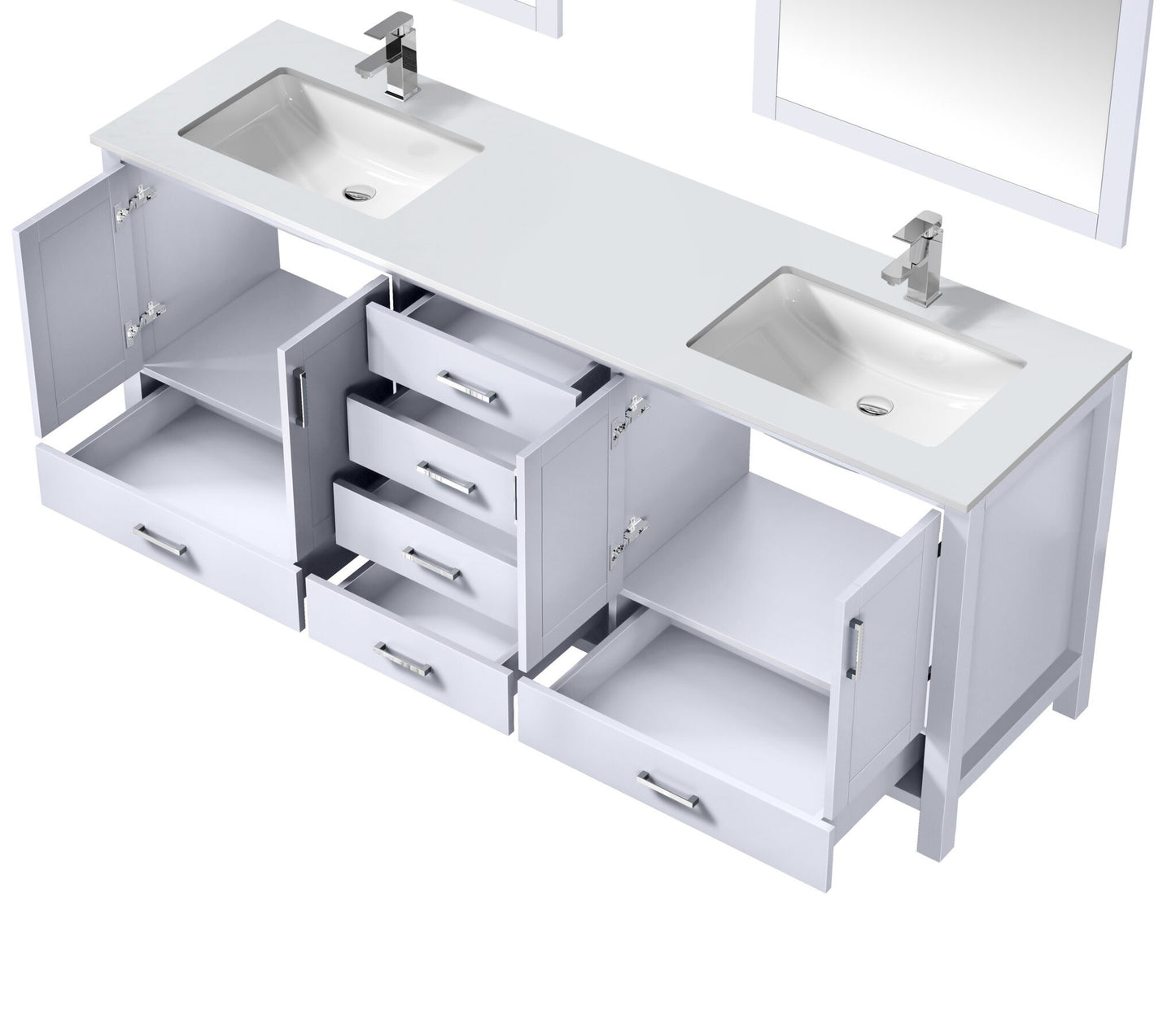 Jacques 80" White Double Vanity, White Quartz Top, White Square Sinks and no Mirror