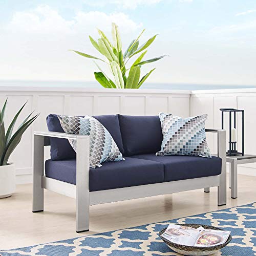 Modway EEI-4226-SLV-NAV Shore EEI-4226-SLV-NAVShore Sunbrella Patio Loveseat in Silver Navy