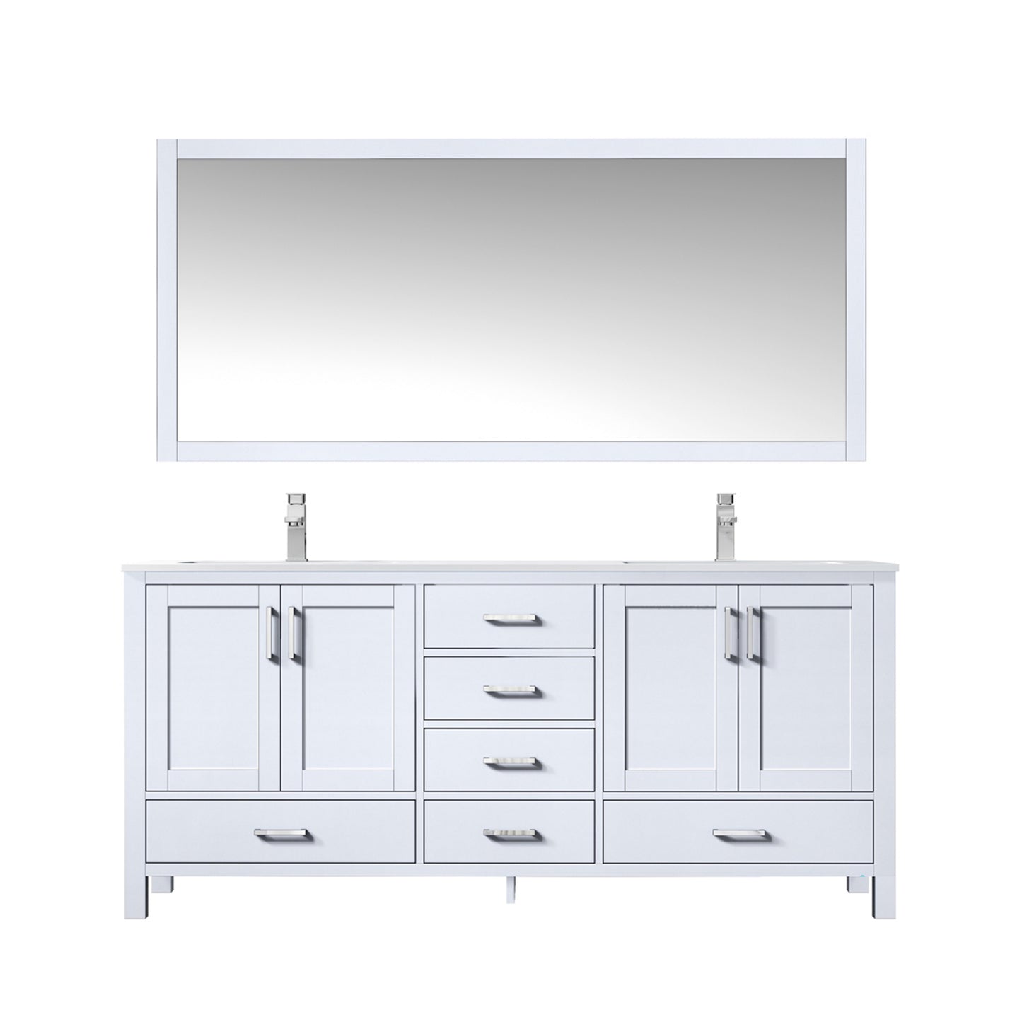 Jacques 72" White Double Vanity, White Quartz Top, White Square Sinks and 70" Mirror w/ Faucets