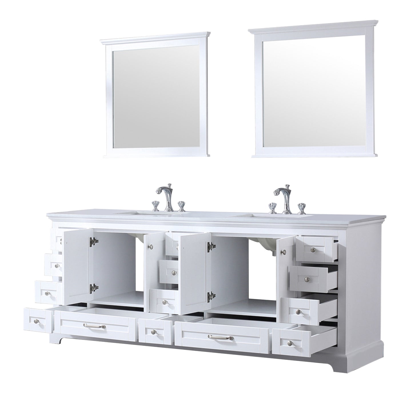 Dukes 84" White Double Vanity, White Quartz Top, White Square Sinks and 34" Mirrors