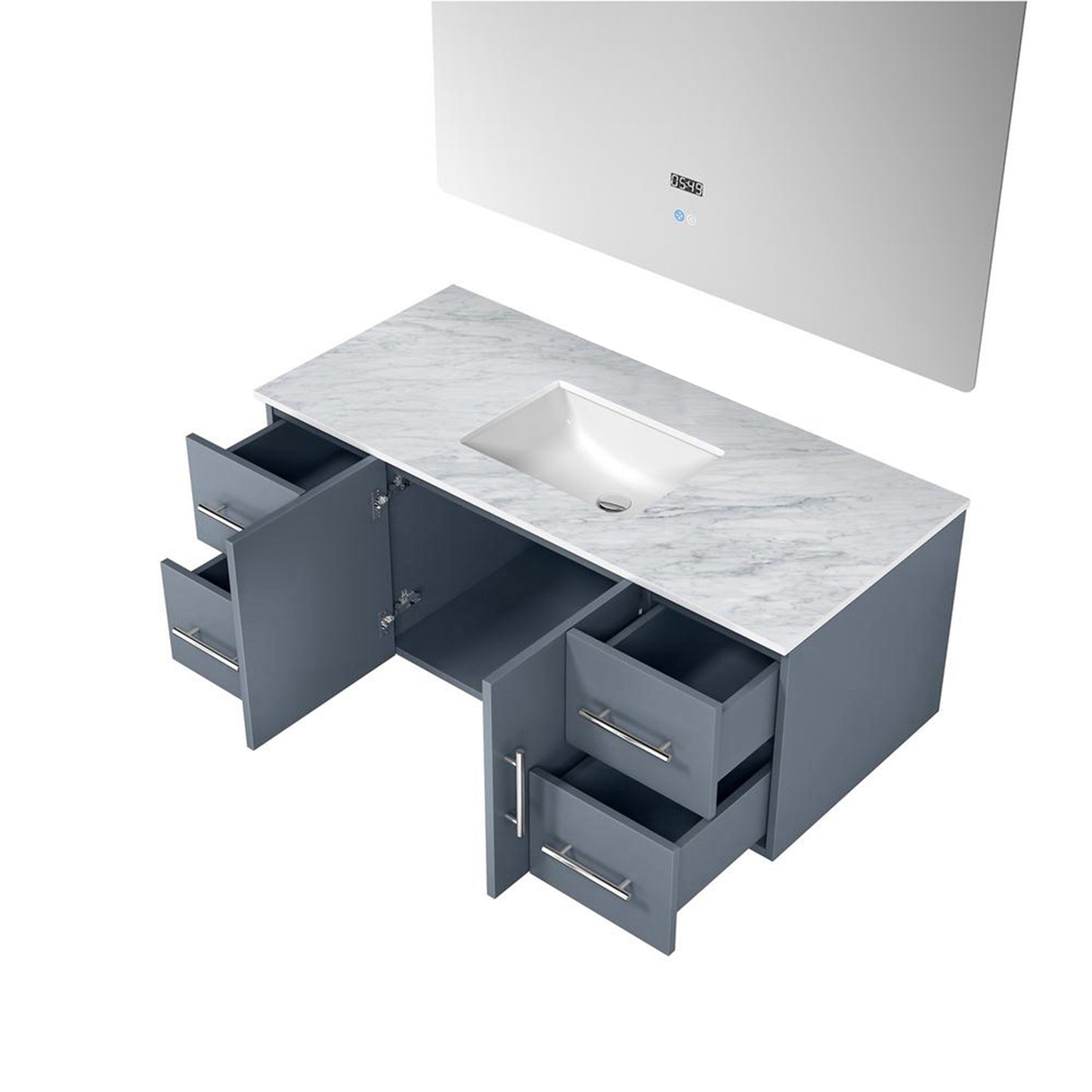 Geneva 48" Dark Grey Single Vanity, White Carrara Marble Top, White Square Sink and 48" LED Mirror