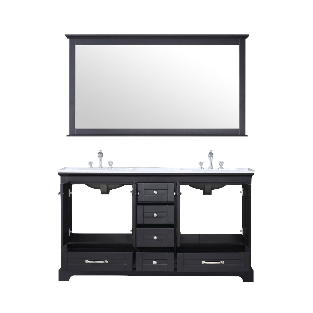 Dukes 60" Espresso Double Vanity, White Carrara Marble Top, White Square Sinks and 58" Mirror w/ Faucets