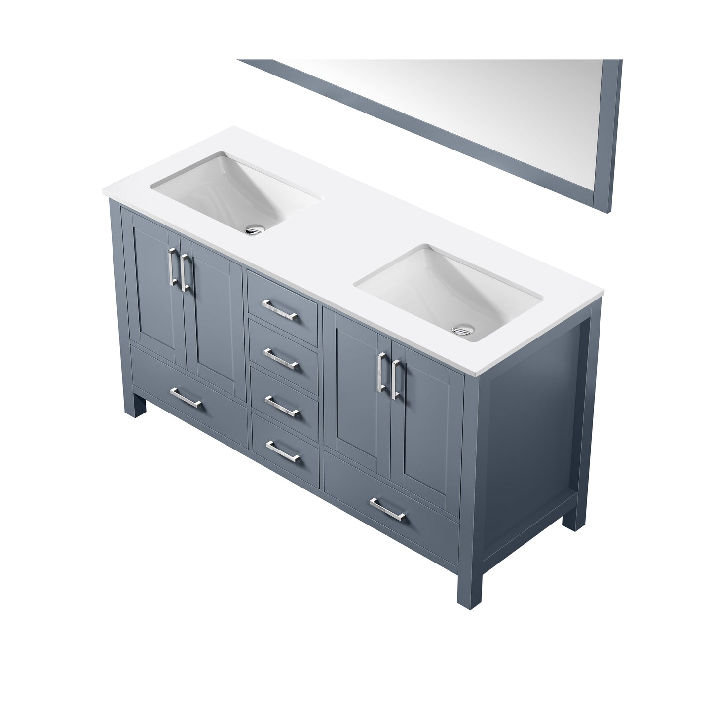 Jacques 60" Dark Grey Double Vanity, White Quartz Top, White Square Sinks and 58" Mirror