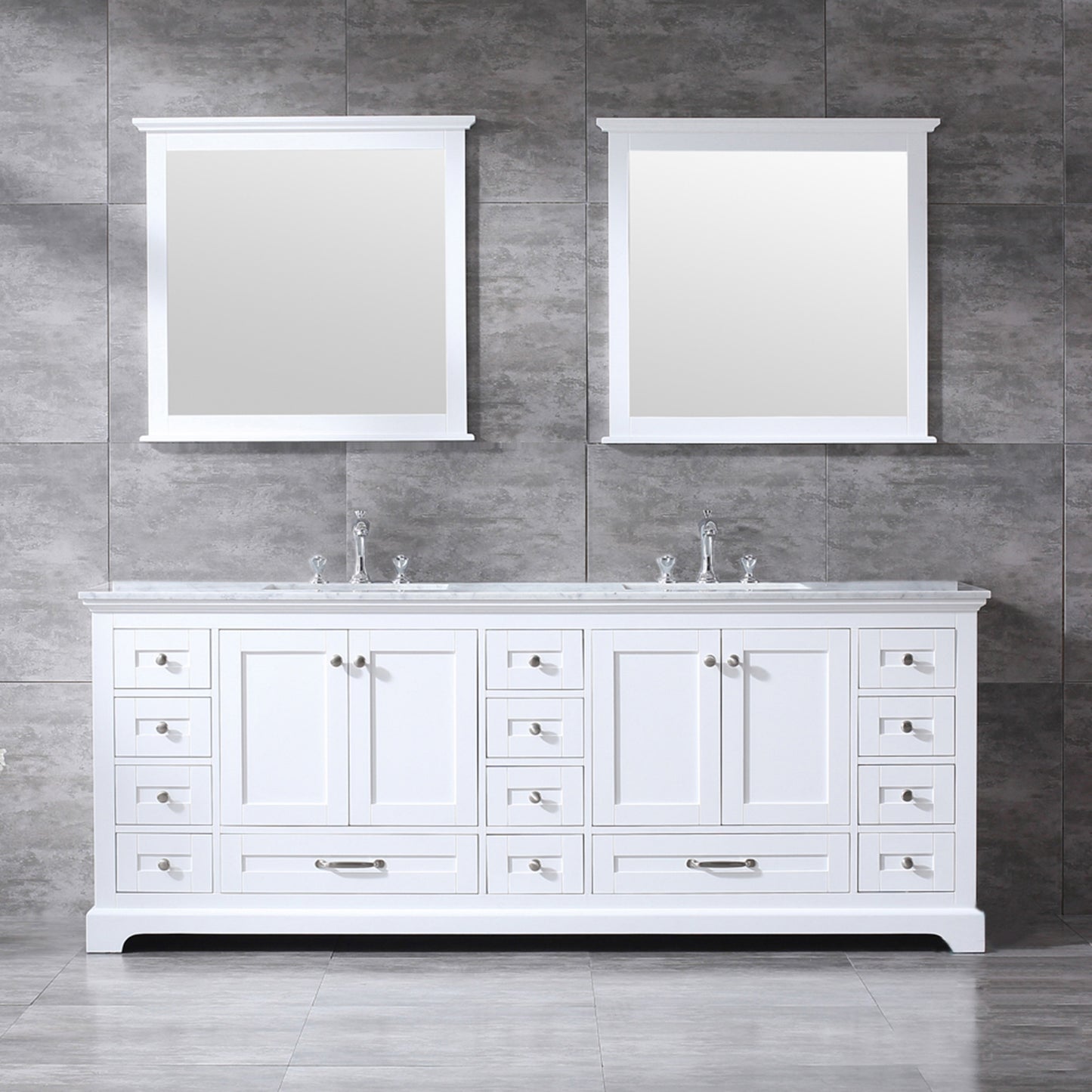 Dukes 84" White Double Vanity, White Carrara Marble Top, White Square Sinks and 34" Mirrors w/ Faucets