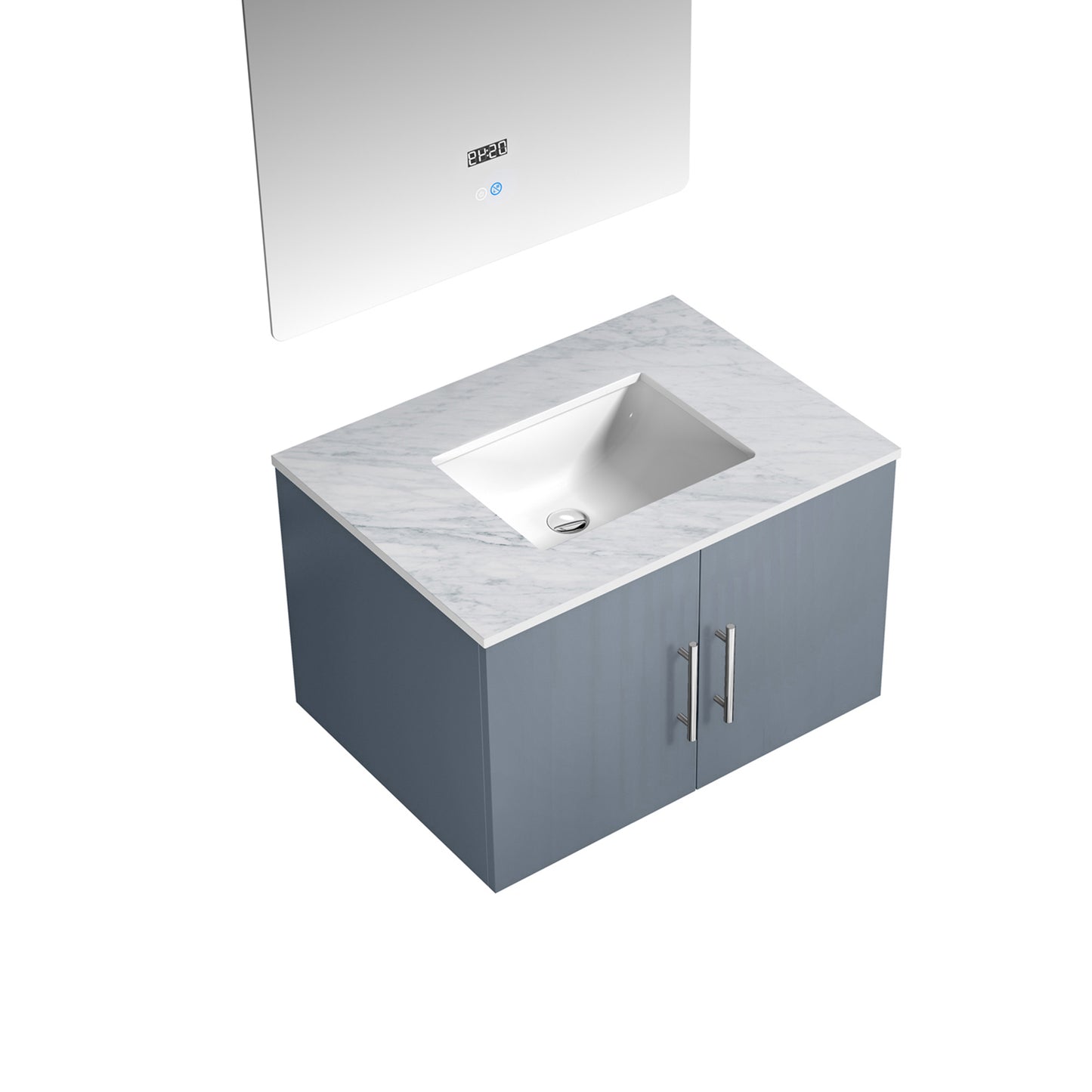 Geneva 30" Dark Grey Single Vanity, White Carrara Marble Top, White Square Sink and 30" LED Mirror