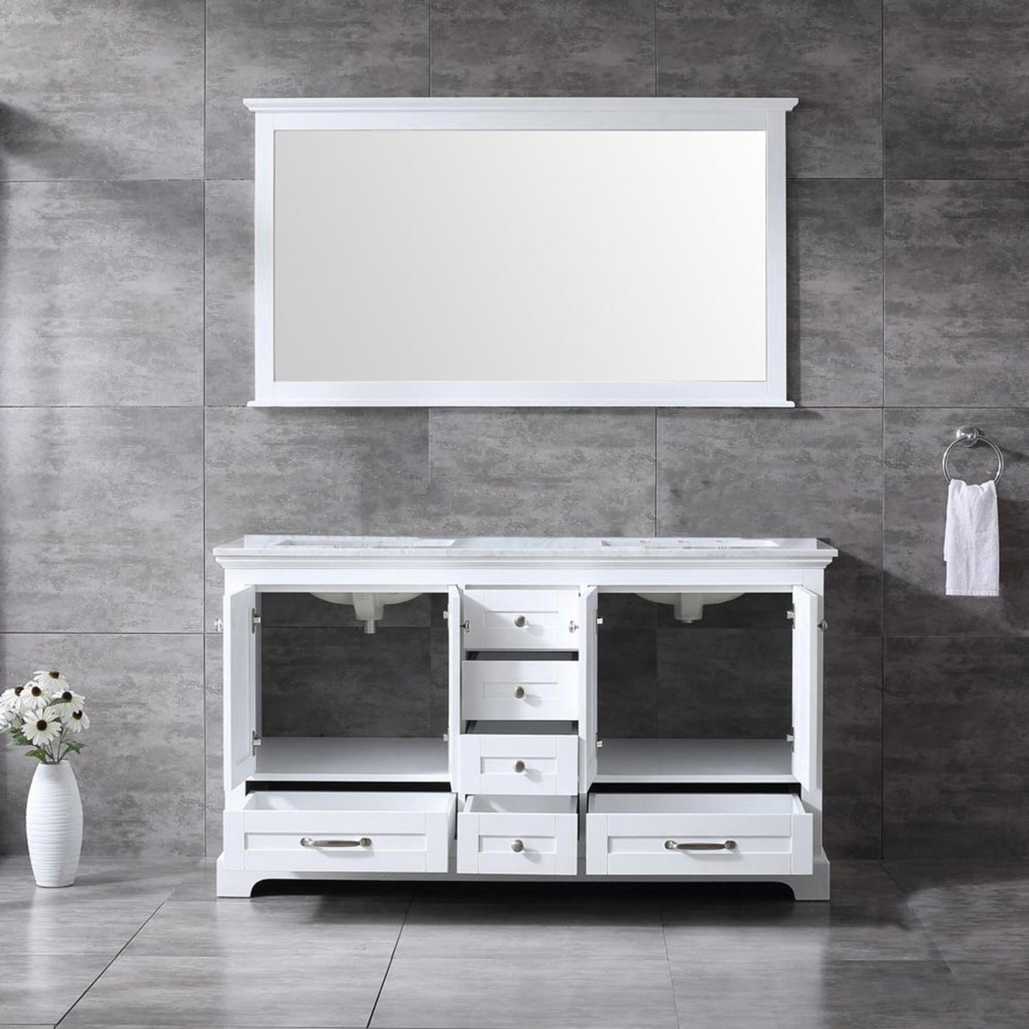 Dukes 60" White Double Vanity, White Carrara Marble Top, White Square Sinks and 58" Mirror