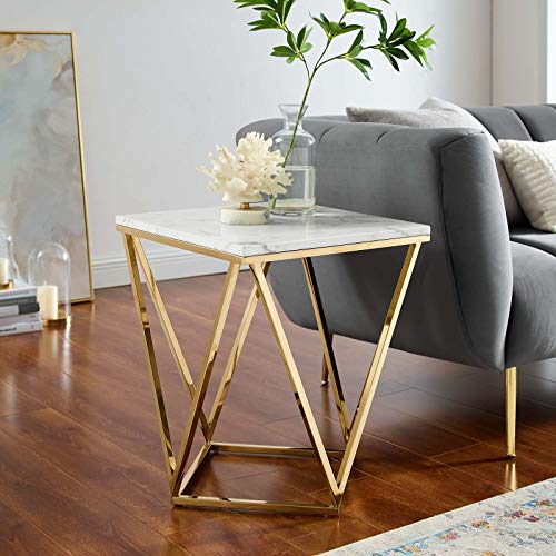 Modway Vertex Geometric Artificial Marble Side End Table in Gold White